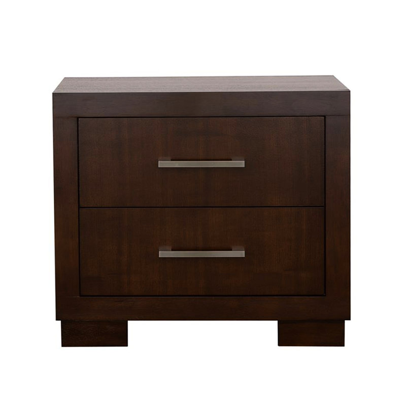 Table de chevet 2 tiroirs au fini cappuccino pour la chambre à coucher - fabrication de panneaux de particules avec poignées feutrées et ton argent foncé