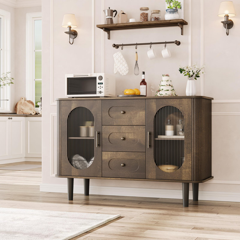 Buffet 47 "avec portes cannelées en verre - Crédence moderne Mid-Century avec tablettes réglables, Noyer