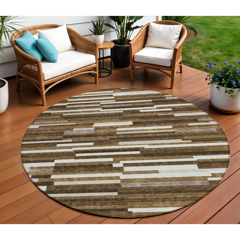 Tapis intérieur lavable rayé rond 8 pi brun et ivoire