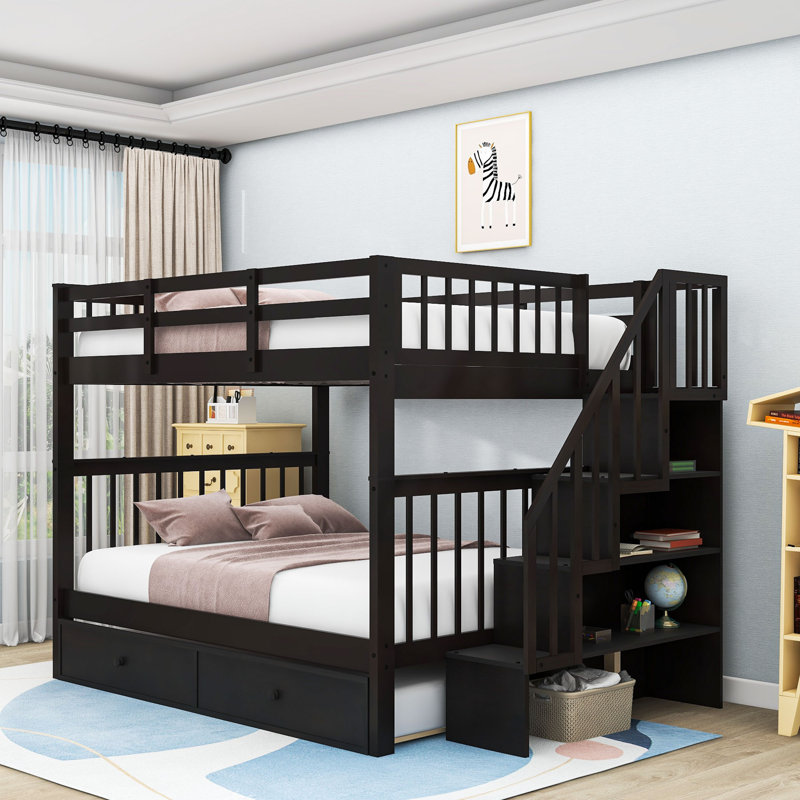 Gular Kids Full Over Full Bunk Bed with Trundle with Drawers, Espresso