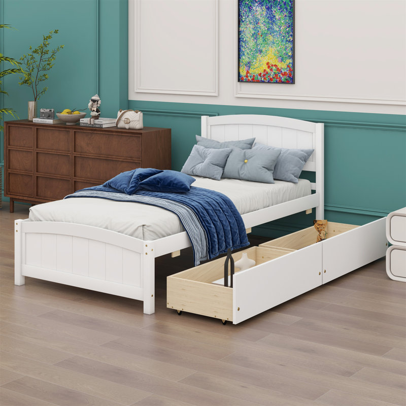 Platform Bed With Two Drawers, White