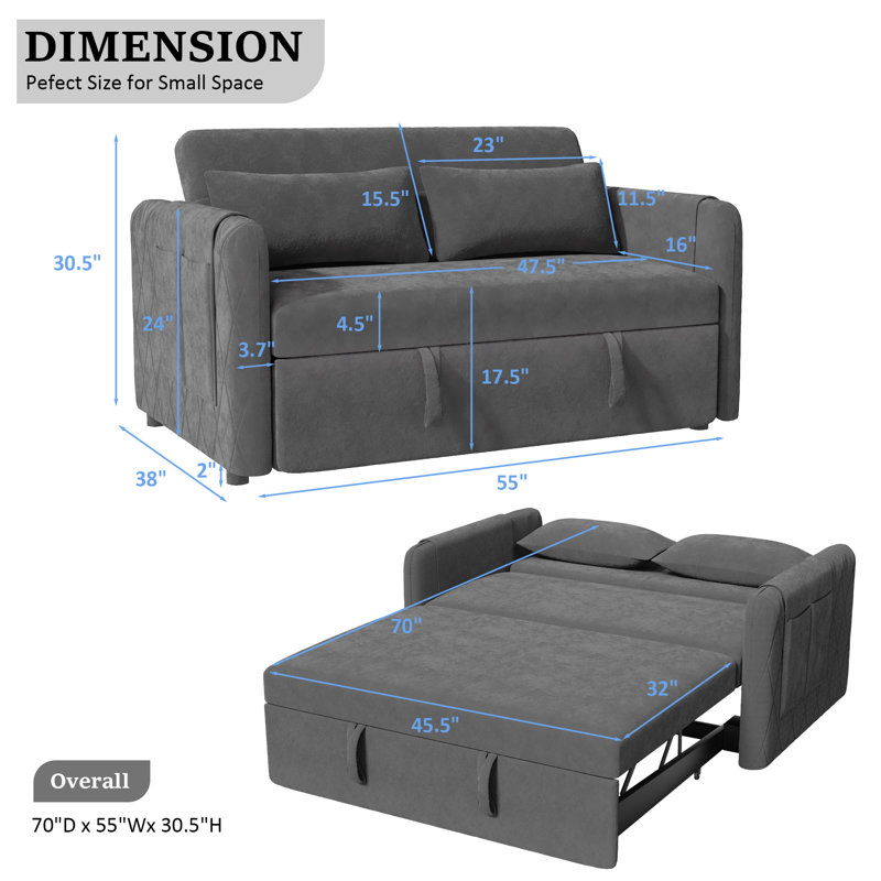 Velvet Sofa Bed with Two Pillows and Adjustable Backrest, Gray Velvet