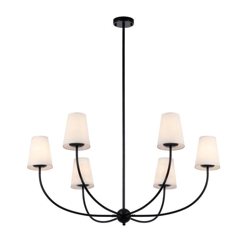 6-light 40" Wide Vintage Chandelier With White Fabric Shade, Matte Black
