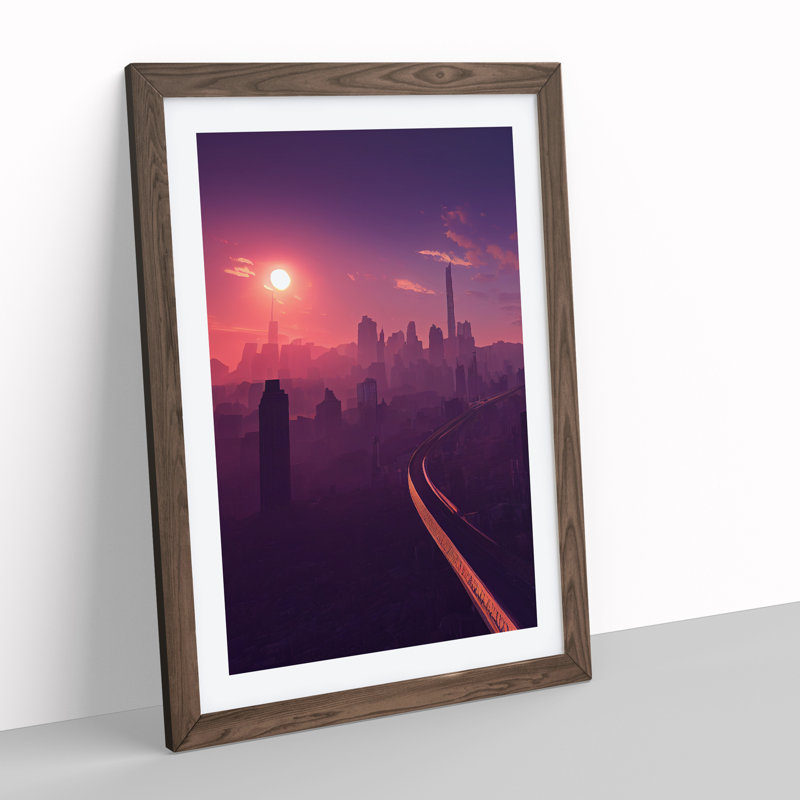 City Skyline At Dusk - Single Picture Frame Print, 34cm H x 25cm W x 2cm D, Walnut