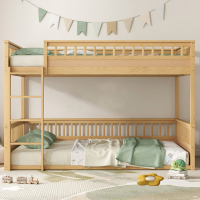 Queen Over Queen Solid Wood Bunk Bed With Ladder And Guardrails