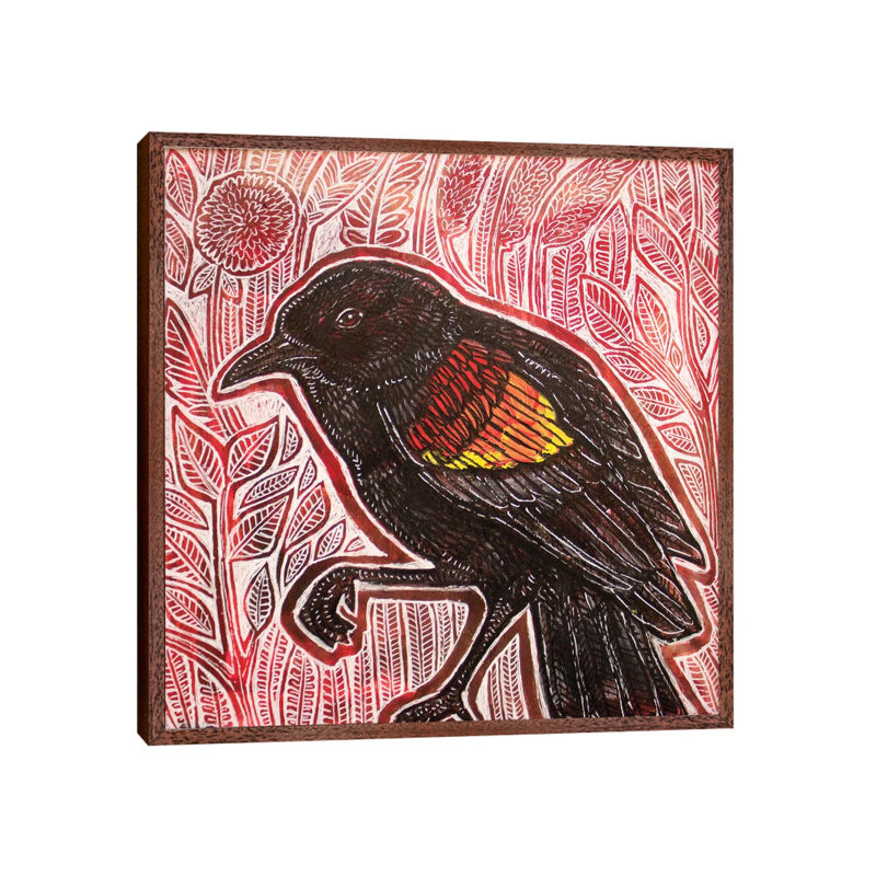 Visiting Blackbird 1 Piece Painting on Canvas, 66.04cm H x 66.04cm W x 3.81cm D, Classic Brown Wood Framed