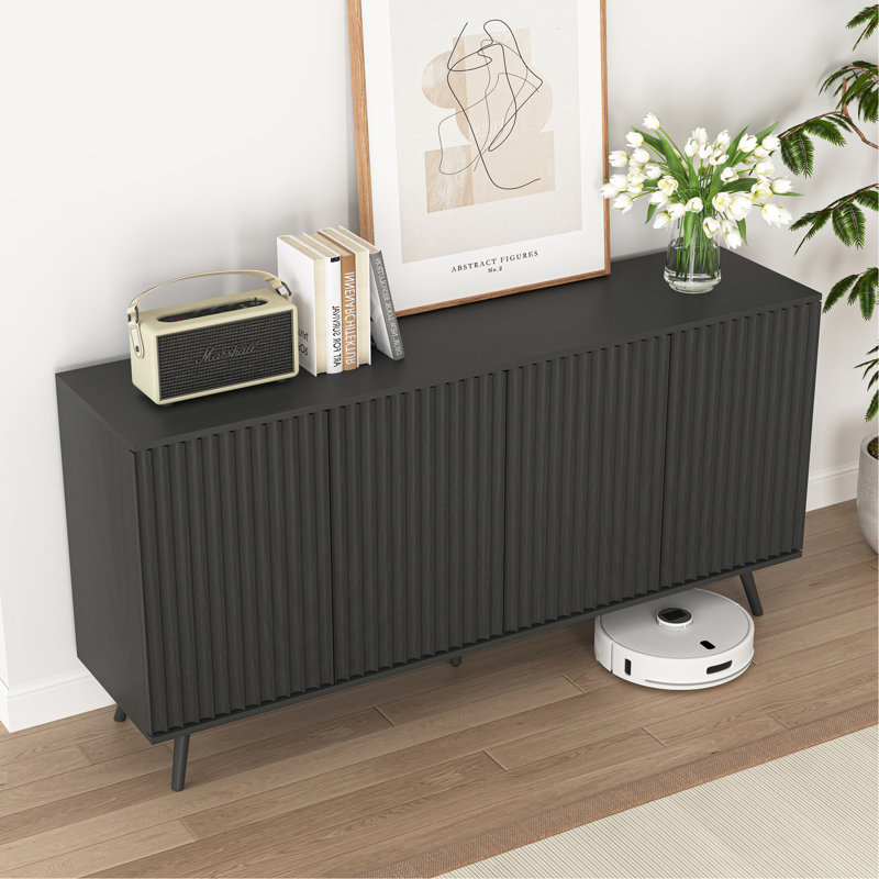 Buffet buffet avec rangement, buffet long avec 4 portes, console en bois avec tablettes réglables pour le salon, la cuisine, la salle à manger et la salle à manger - noir