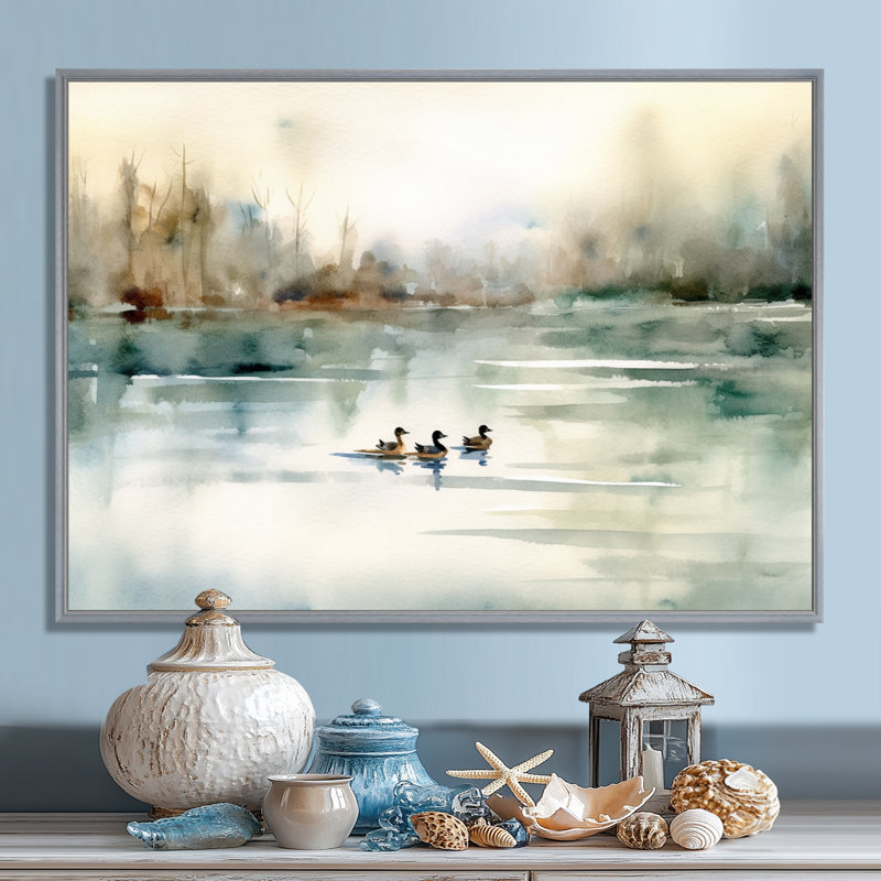 «Ducks in Pond I» - Art mural sur toile, H 24 po x l 32 po, Argent argent, Reproduction avec cadre flottant