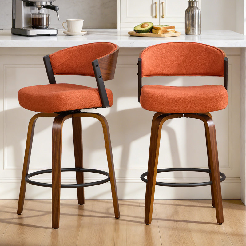 Tabouret de bar pivotant à 360 ° de style Mid-Century courbé moderne avec siège rembourré et dossier ouvert, Orange assombri