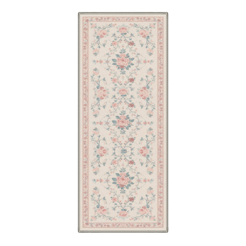 Allsop Verdant Floral Machine Washable Pink / Beige / Green Indoor Area Rug with Non-Slip Backing, Runner 2' x 7'