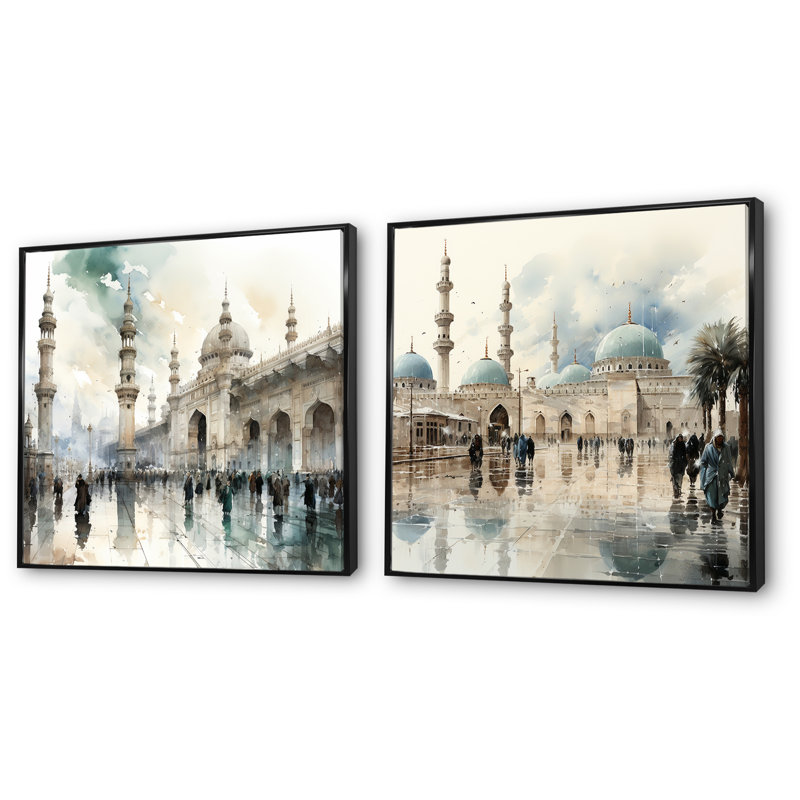 Ensemble de 2 mosquées blanches et bleues, Cadre flottant noir, H 30 po x l 61 po x P 1 po