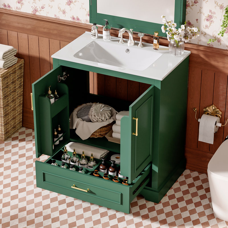 Meuble-lavabo de 30 po avec lavabo, panneau de fibres à densité moyenne et cadre en bois massif, 1 tiroir de séparation et 2 portes à fermeture en douceur