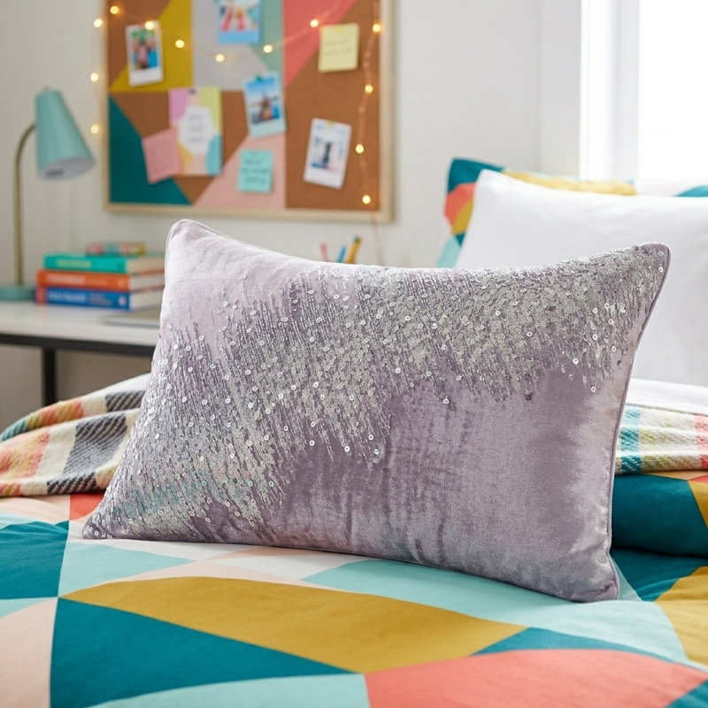 Housse de coussin en polyester à paillettes, Gris/argent, Housse de coussin seulement - sans coussin