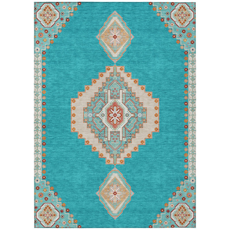 Teal Medallion Washable Synthetic Rectangular Rug 2'6" x 3'10"