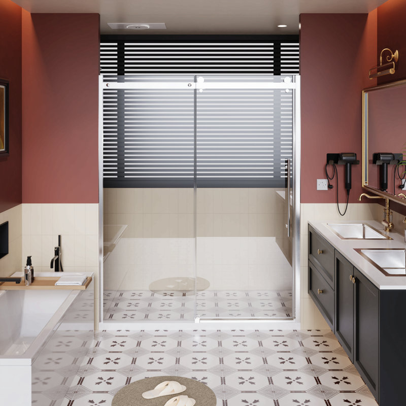 60.In W X 72.In H Frameless Shower Door Single Sliding, 1/4 Inch Thick Clear Tempered Glass Shower Door With Zinc Roller Rail System, Stainless Steel Handle,Chrome