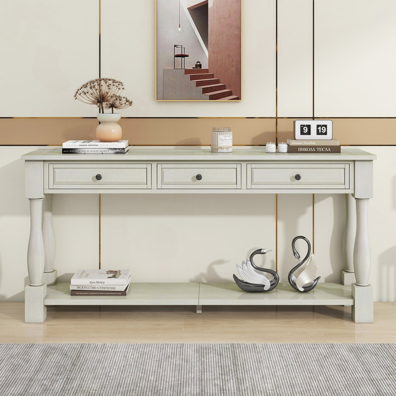 Console très longue avec tiroirs et tablette (style méditerranéen), Blanc antique