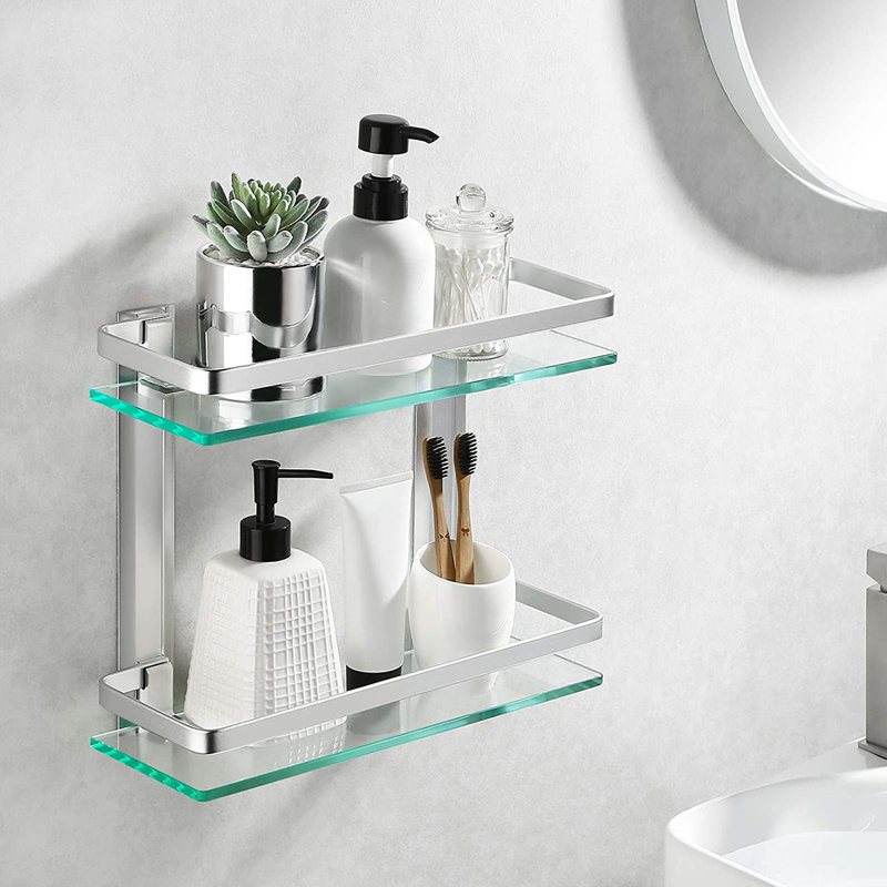 Tablette murale rectangulaire en verre à 2 niveaux avec rails en aluminium, tablette flottante en verre trempé très épais pour le rangement dans la salle de bain 