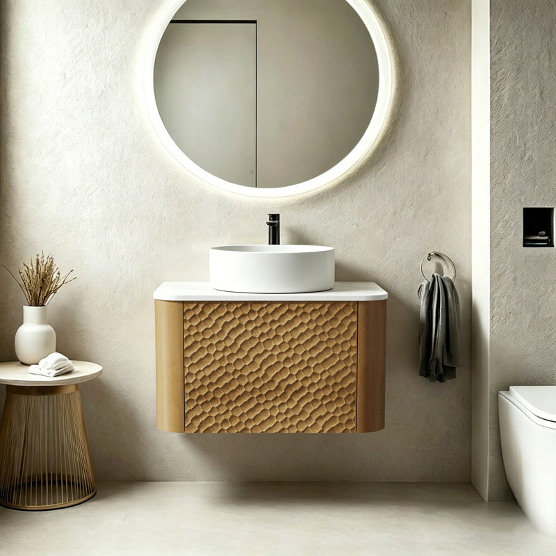Ensemble de meuble-lavabo mural, lavabo flottant avec lavabo rond en céramique, ensemble de meuble-lavabo texturé en nid d'abeille pour petits espaces, peu encombrant