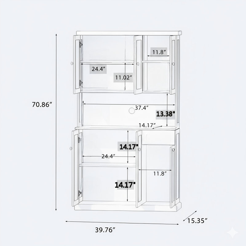 Armoire de rangement pour garde-manger de 71 pouces avec comptoir de four à micro-ondes, huche autonome avec tablettes réglables, six portes et un tiroir, en blanc