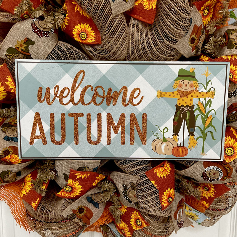 Harvest Wreath Hello Autumn Scarecrow 24 inch Diameter Indoor/Outdoor Handmade Deco Mesh