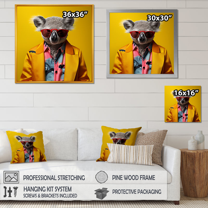 Jaune en costume Koala I - Koala, art mural animal, H 30 po x l 30 po x P 1,5 po, Toile tendue