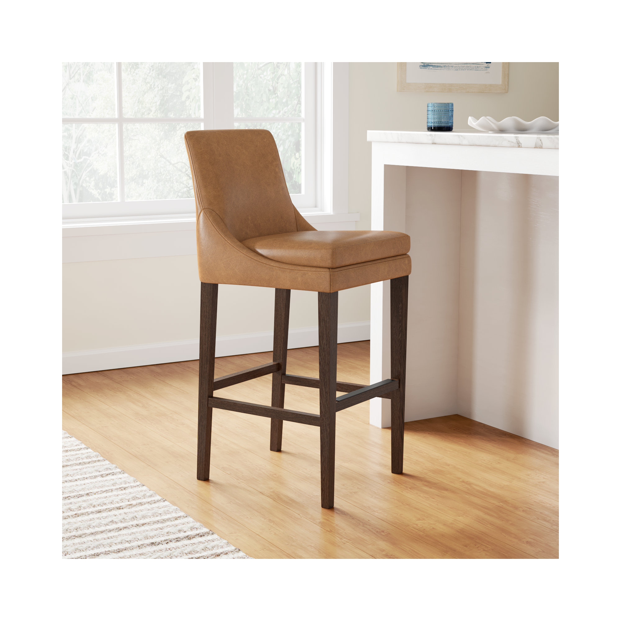 Niara Upholstered Leather Counter & Bar Stool, Copley Camel Faux Leather/Brown, Bar Stool (30” Seat Height)