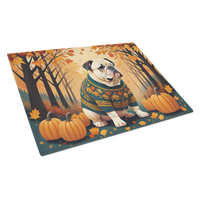 White English Bulldog Fall Glass Cutting Board Large