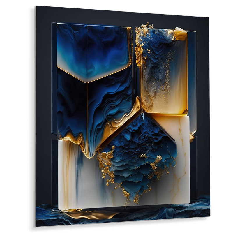 Géode abstraite dorée et forme de marbre bleu II - impression sans cadre sur métal, H 20 po x l 12 po