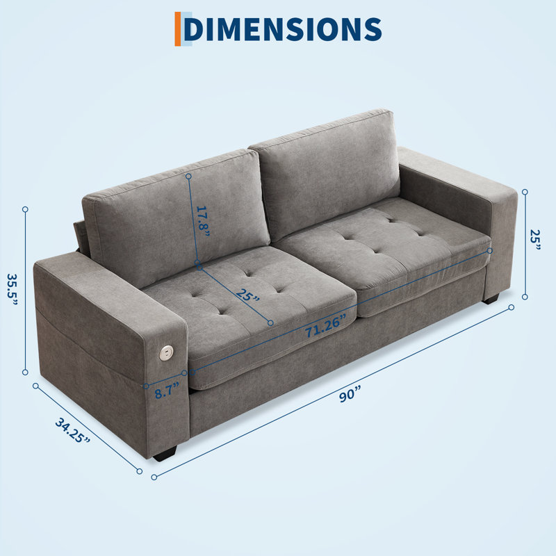 Multifunctional L-Shaped Sofa Bed with USB & Type-C Charging Ports, Convertible Sectional Sofa with Storage Pockets & Removable Cushion Covers, Wood Frame for Living Room & Small Spaces (