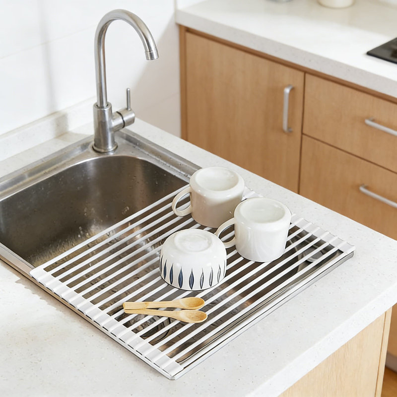 Égouttoir à vaisselle en silicone au-dessus de l'évier, tapis égouttoir pliable antidérapant, sous-plat résistant à la chaleur et organisateur de comptoir de cuisine polyvalent