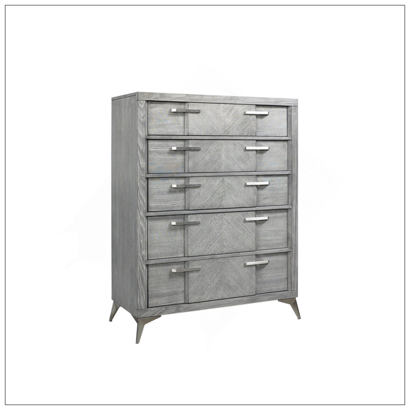 Commode 5 tiroirs en placage assorti gris