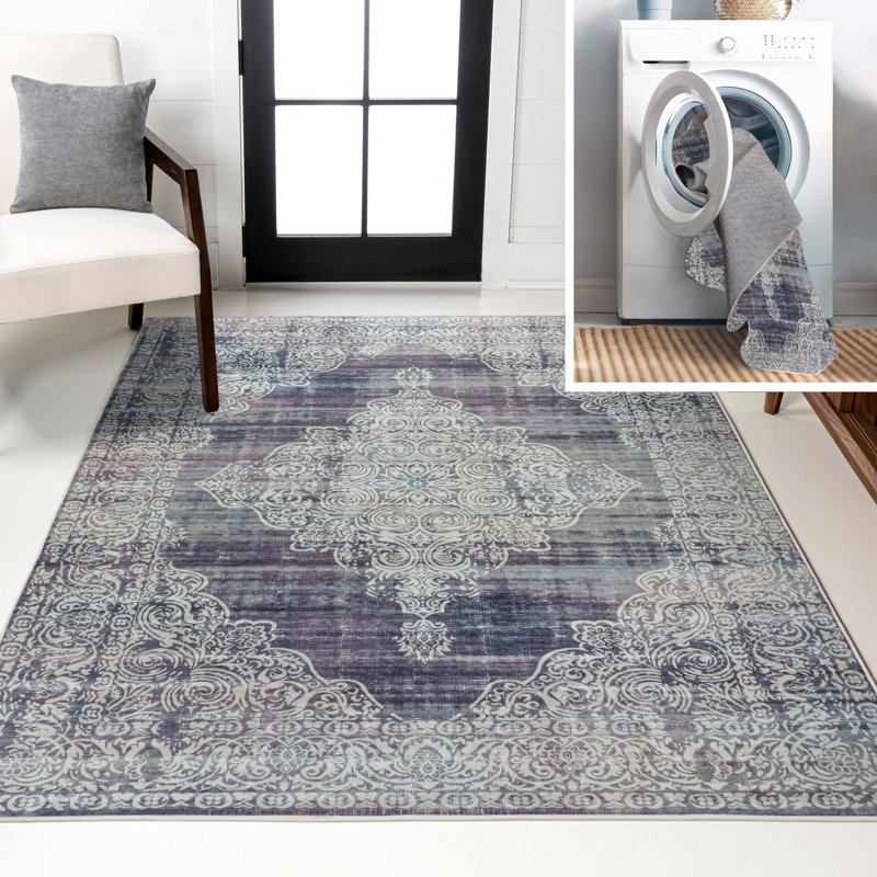 Regis Bohemian Medallion Machine-Washable Purple/Cream Rug, Rectangle 2'11" x 5'