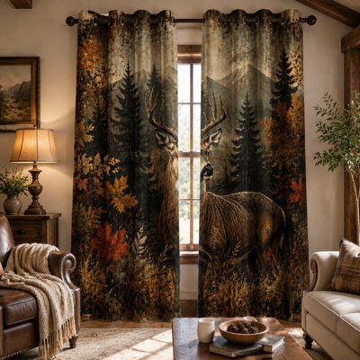 2Pcs Majestic Deer Forest Scene Print Curtains, Rustic Woodland Animals Artwork, Vintage Nature Landscape Ring Top, Thickened Sun Blocking and Thermal Insulated for Living Room Home Decor for Home Dector