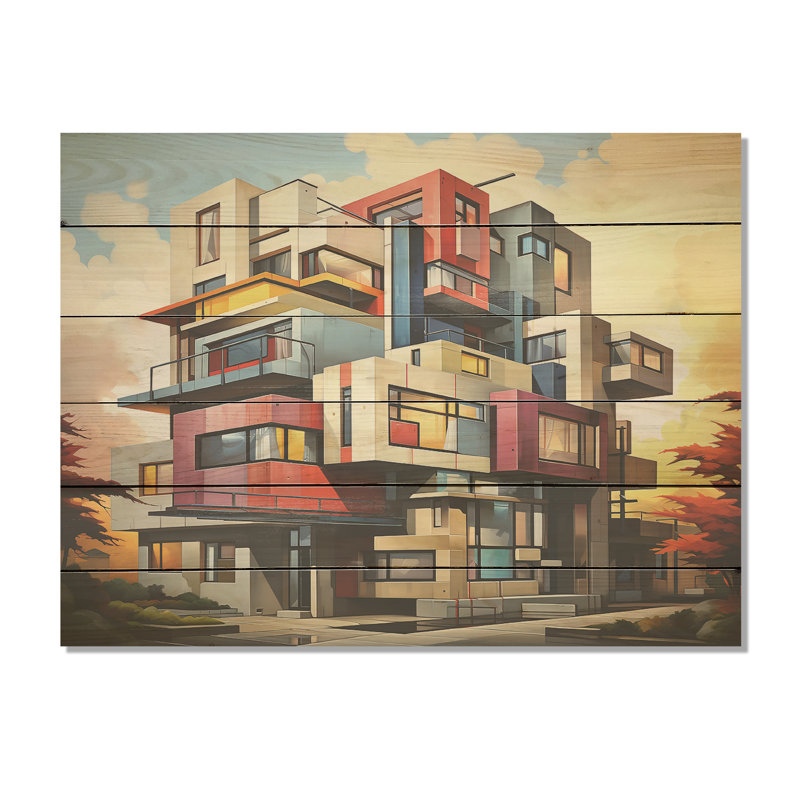 Paysage urbain pastel De Stijl - Art sur bois de pin naturel au coucher du soleil, H 24 po x l 32 po