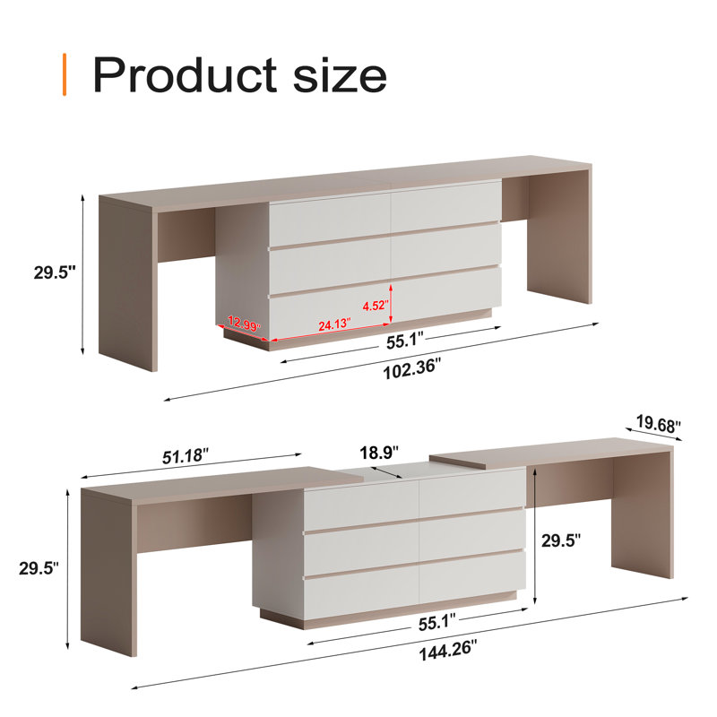  Table de bureau extensible pour 2 personnes avec 6 tiroirs de rangement, Gris / Ivoire