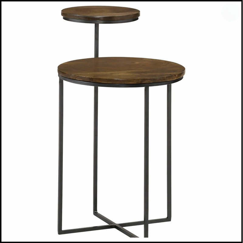 Table d'appoint naturelle et bronze à 2 niveaux avec bois de manguier écologique, parfaite pour les espaces compacts et les décors élégants