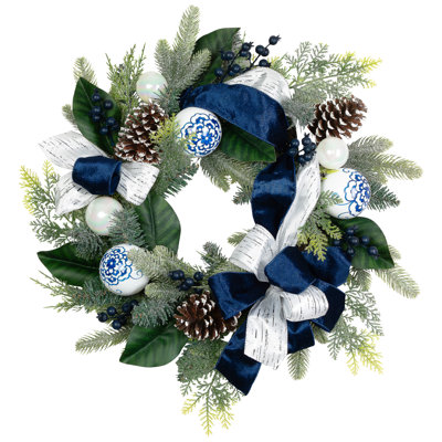 Frosted Pine With Blueberries Bows And Ornaments Christmas Wreath - 24" - Unlit
