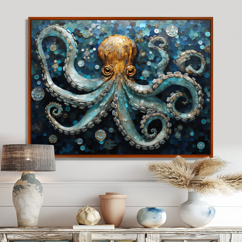 Portrait of Blue Mystical Octopus, reproduction d'art sur toile encadrée, H 16 po x l 32 po x P 1 po, Cadre flottant brun