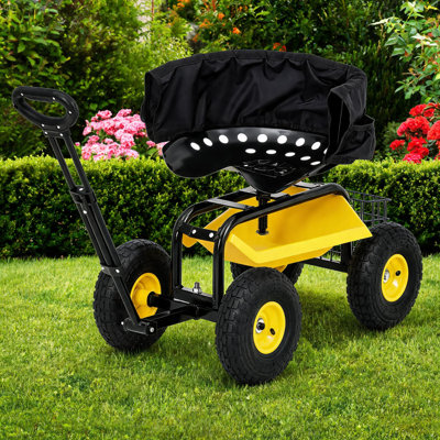 Tabouret de jardin roulant 360 pivotant, dossier rembourré robuste et plateau de rangement, noir et jaune