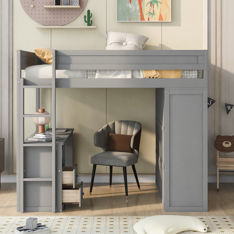 Lit mezzanine moderne gris avec placards, 2 bureaux et armoire - Économiseur d'espace, innovation intégrée, Lit double, Gris