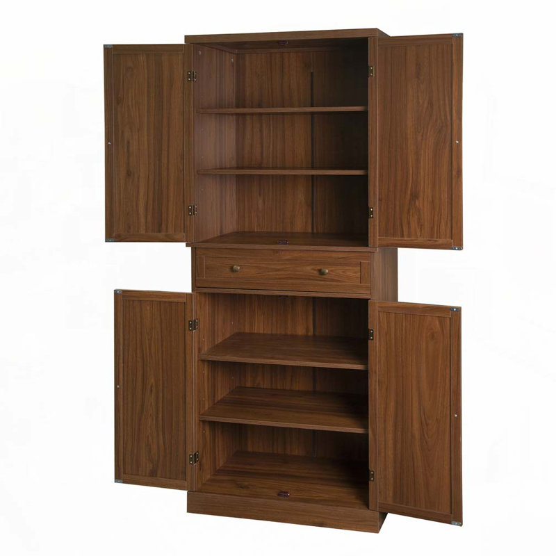 Armoire de garde-manger à 4 portes avec 1 tiroir et 4 tablettes intérieures réglables, Noyer