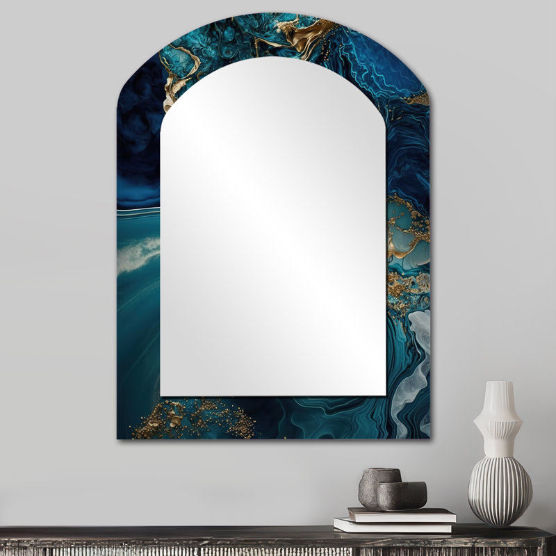Abstract Geode Turquoise I - Marble Asymmetrical Decorative Mirror, Turquoise Arch Wall Mirror, Printed Metal Art, 34" x 25"