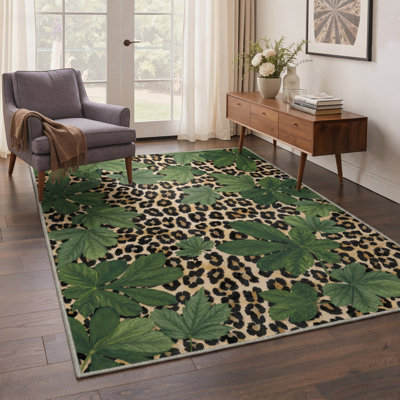 Tapis intérieur vert / noir / beige lavable à la machine avec revers antidérapant Alissa Lushmark