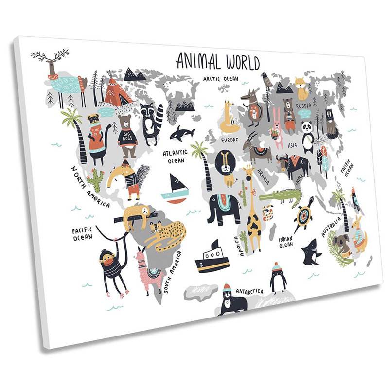 Animal World Map Kids - Wrapped Canvas Art Prints, 91.4cm H x 137.2cm W x 4cm D