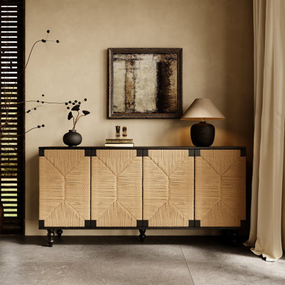Natural Seagrass Handwoven Door Sideboard, Five Solid Wood Legs, Black Finish, Ample Shelf Space, Dining Room Decor Piece Sideboard With Doors, Construction, Storage For Linens And Glassware, Design