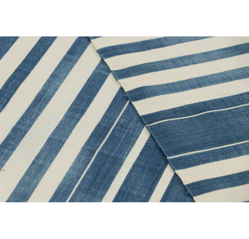 Rug & Kilim’S Contemporary Dhurrie Rug In Dark Blue And White Stripes, Rectangle 10' x 14'