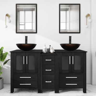 60” Double Vanity Set with  Basin, Manufactured Wood Top, Faucet (Set of 5)