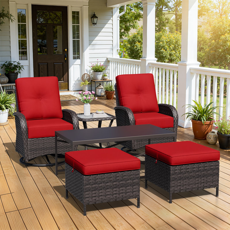 Ensemble de patio extérieur en osier pour 2 personnes avec chaises, repose-pieds, table d'appoint et coussins beiges, Rouge