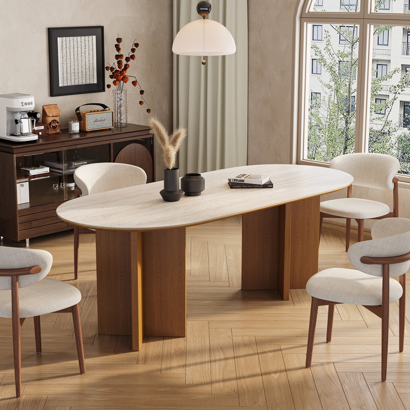 Joerg Oval 71" Matte Sintered Stone Dining Table for 6 Person, Solid Wood Legs for Diningroom