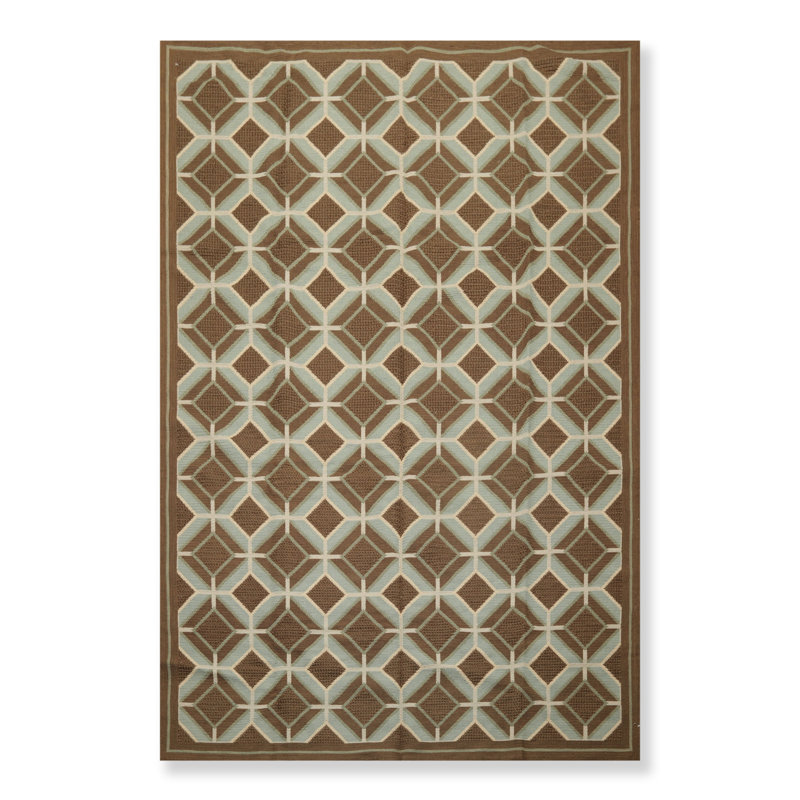 Tapis zone en laine brun/aqua 6 pi x 9 pi 4 po one-of-kind noué la Stpierre
